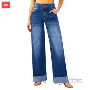 High Waisted Wide Leg Stretchy Jeans Loose Fit Cuffed Denim Pants